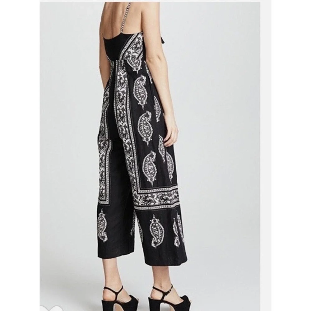 Free People Jumpsuit Linen Cotton Boho Wide Leg Black White Women Size 4 Bandana
